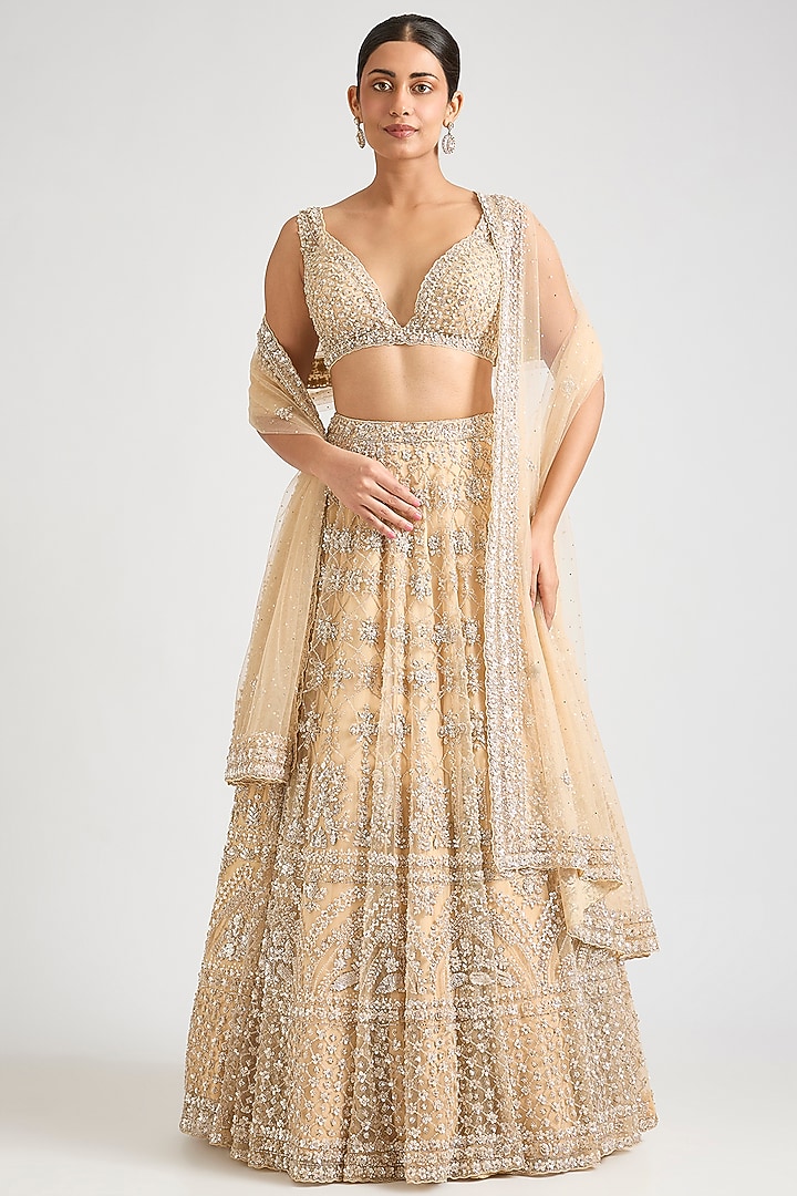 Champagne Gold Net Bridal Lehenga Set by Angad Singh at Pernia's Pop Up Shop
