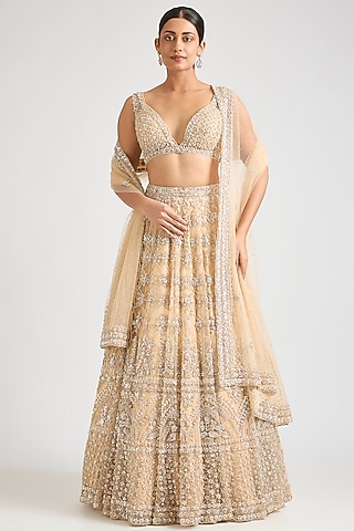 Champagne Gold Net Lehenga Set by angad singh