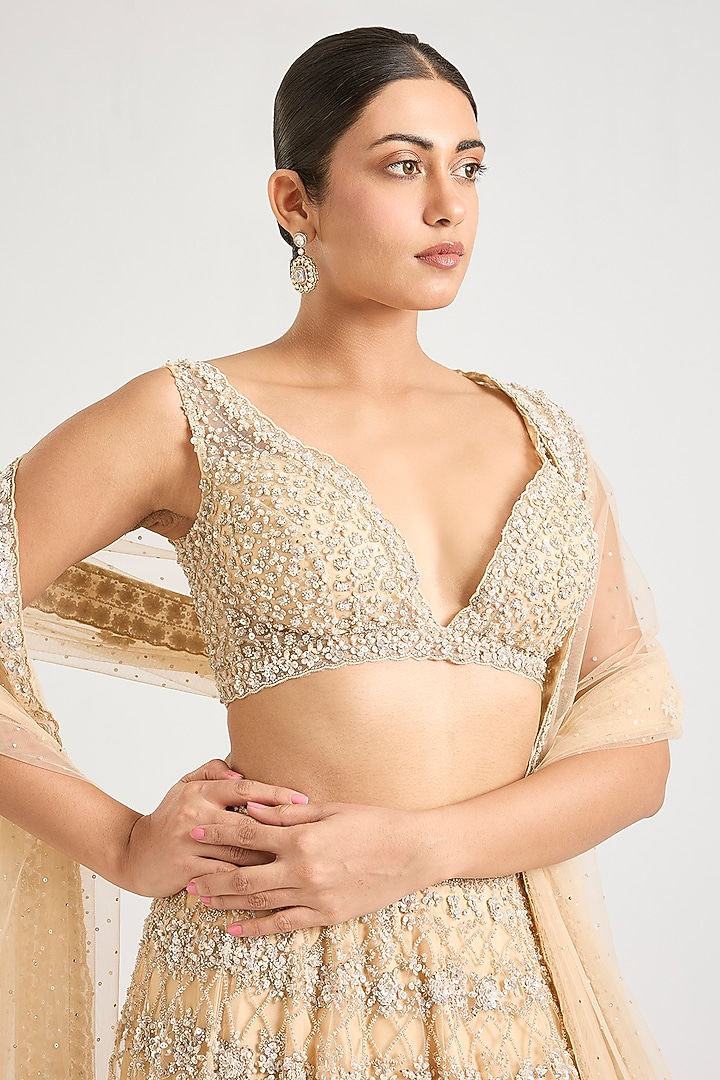 Champagne Gold Net Bridal Lehenga Set by Angad Singh at Pernia's Pop Up Shop