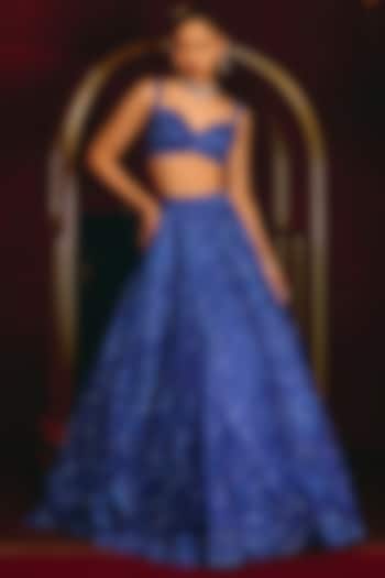 Royal Blue Net Embroidered Bridal Lehenga Set by Angad Singh at Pernia's Pop Up Shop