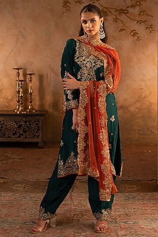 Bottle Green Silk Embroidered Kurta Set by Angad Singh