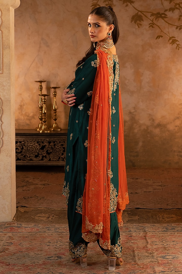 Bottle Green Silk Embroidered Kurta Set by Angad Singh at Pernia's Pop Up Shop