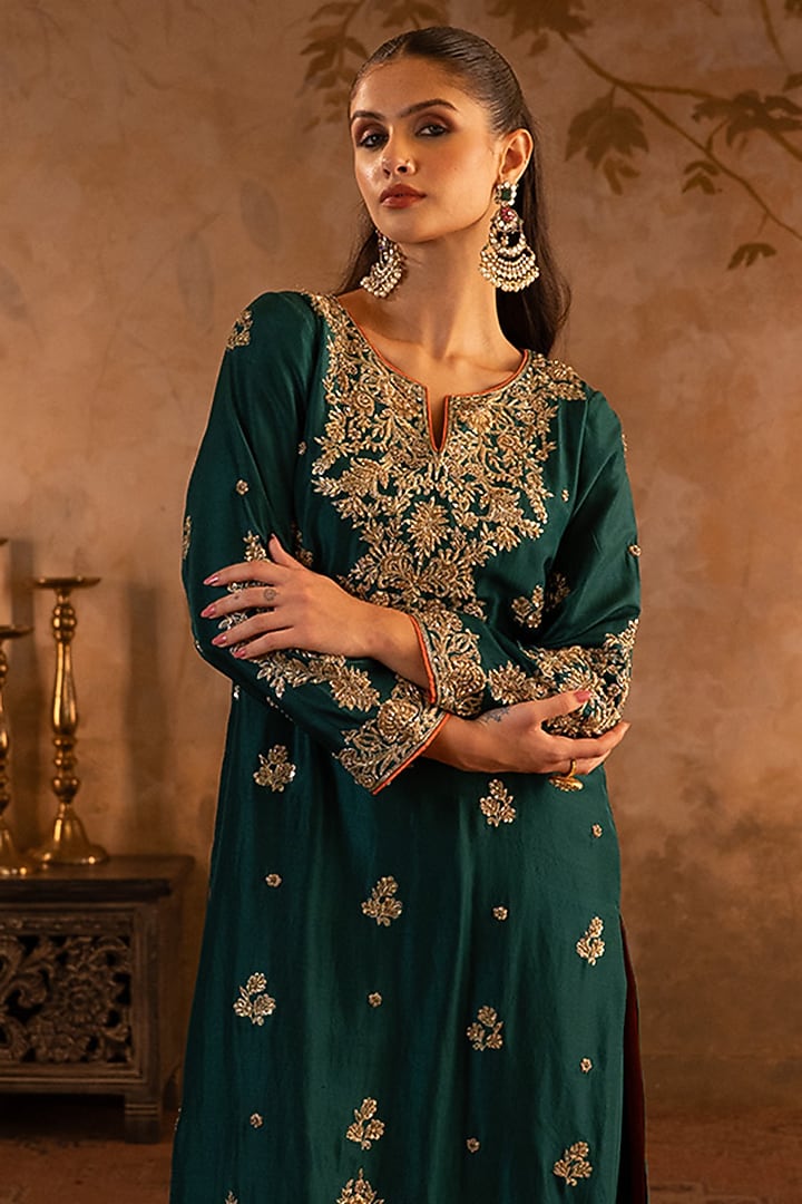 Bottle Green Silk Embroidered Kurta Set by Angad Singh at Pernia's Pop Up Shop