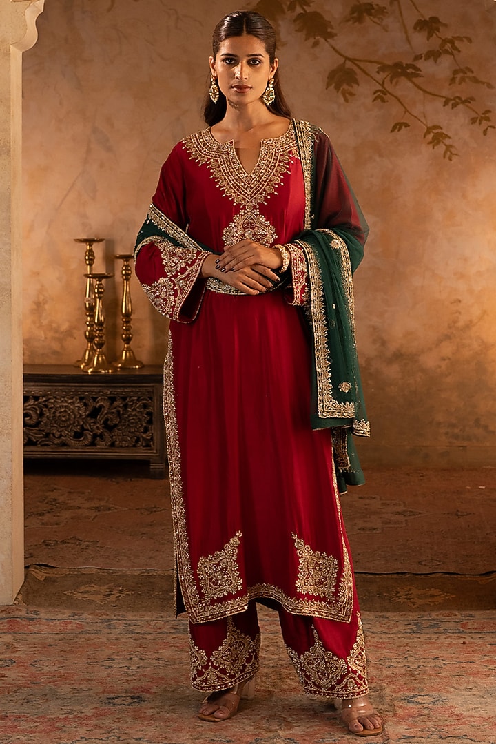 Maroon Silk Embroidered Kurta Set by Angad Singh at Pernia's Pop Up Shop