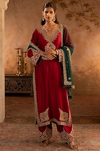 Maroon Silk Embroidered Kurta Set by Angad Singh