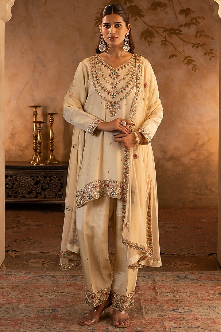 Golden Tissue Embroidered Kurta Set by Angad Singh at Pernia's Pop Up Shop