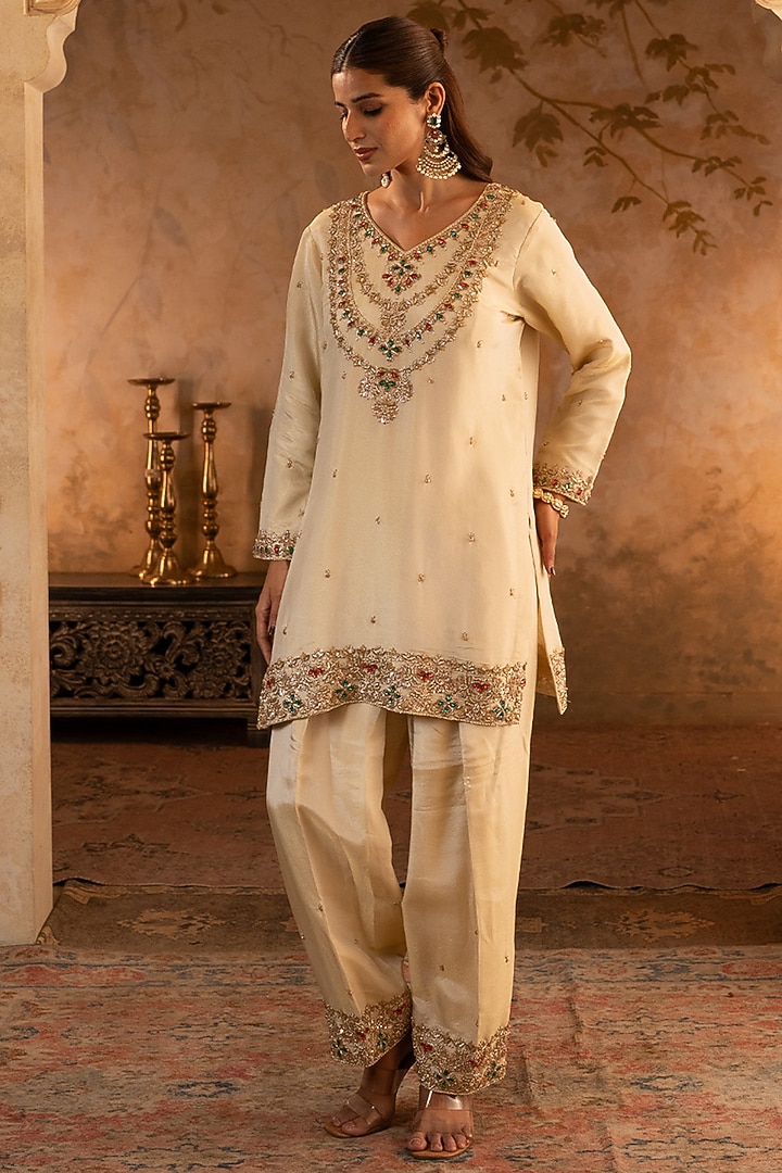 Golden Tissue Embroidered Kurta Set by Angad Singh at Pernia's Pop Up Shop