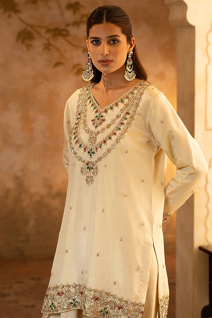 Golden Tissue Embroidered Kurta Set by Angad Singh at Pernia's Pop Up Shop