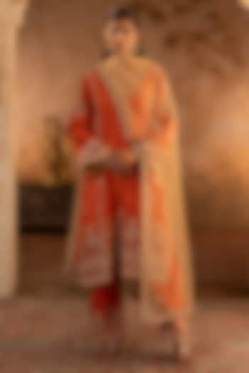 Rust Silk Embroidered Kurta Set by Angad Singh at Pernia's Pop Up Shop
