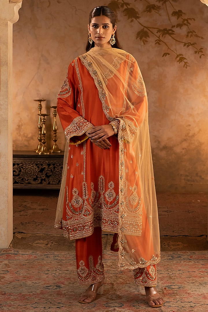 Rust Silk Embroidered Kurta Set by Angad Singh at Pernia's Pop Up Shop