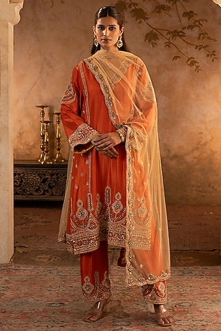 Rust Silk Embroidered Kurta Set by Angad Singh