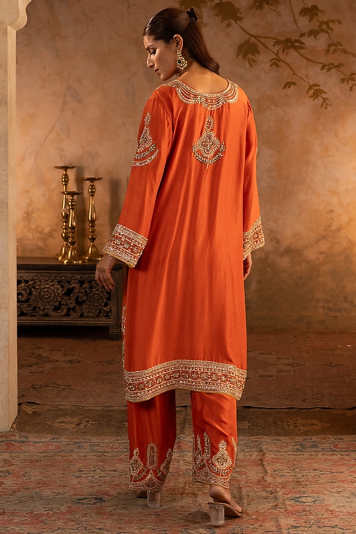Rust Silk Embroidered Kurta Set by Angad Singh at Pernia's Pop Up Shop