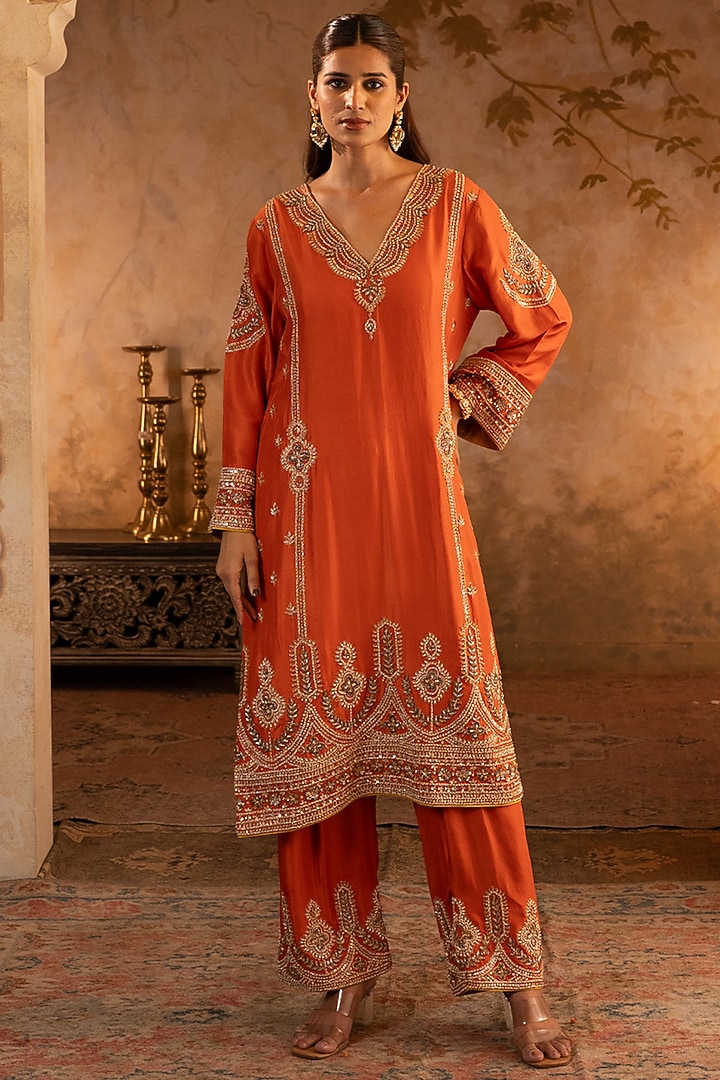 Rust Silk Embroidered Kurta Set by Angad Singh at Pernia's Pop Up Shop