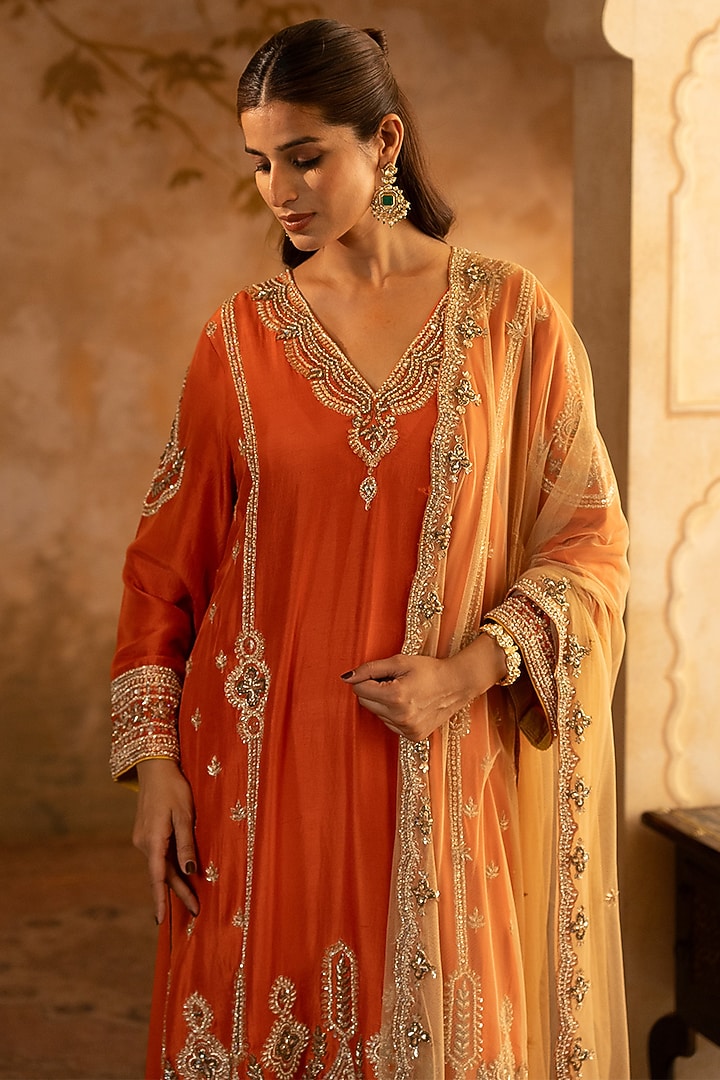 Rust Silk Embroidered Kurta Set by Angad Singh at Pernia's Pop Up Shop