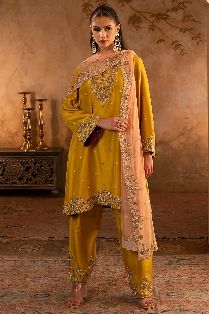 Mustard Silk Embroidered Kurta Set by Angad Singh at Pernia's Pop Up Shop