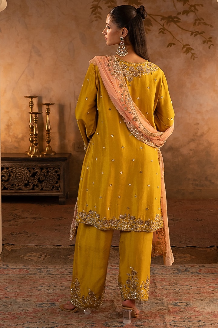 Mustard Silk Embroidered Kurta Set by Angad Singh at Pernia's Pop Up Shop