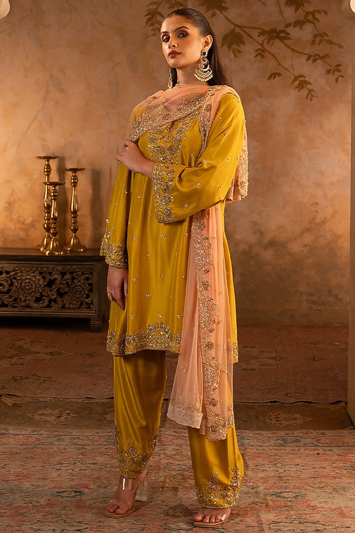 Mustard Silk Embroidered Kurta Set by Angad Singh at Pernia's Pop Up Shop