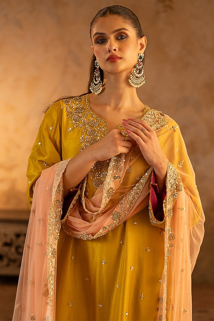 Mustard Silk Embroidered Kurta Set by Angad Singh at Pernia's Pop Up Shop