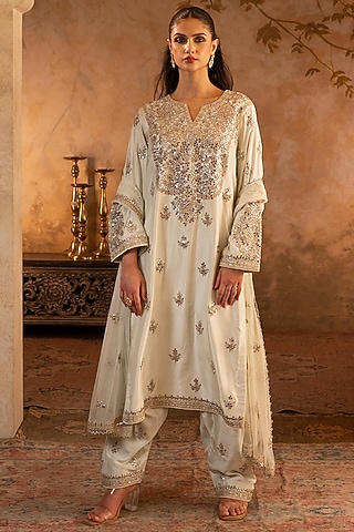 Pistachio Green Silk Embroidered Kurta Set by Angad Singh