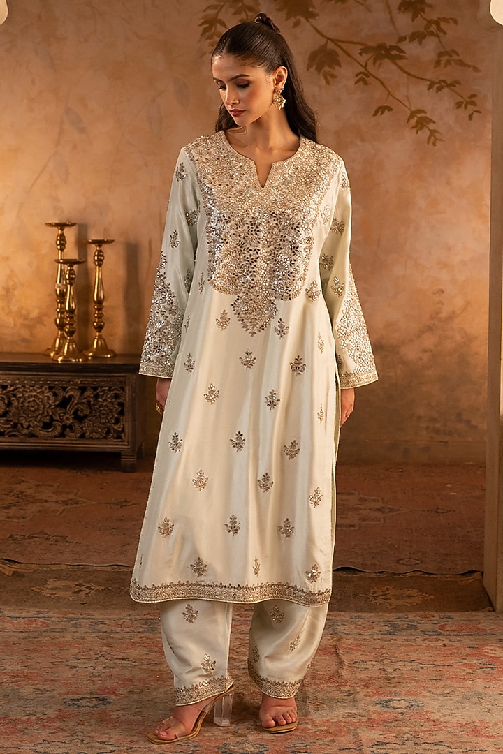 Pistachio Green Silk Embroidered Kurta Set by Angad Singh at Pernia's Pop Up Shop
