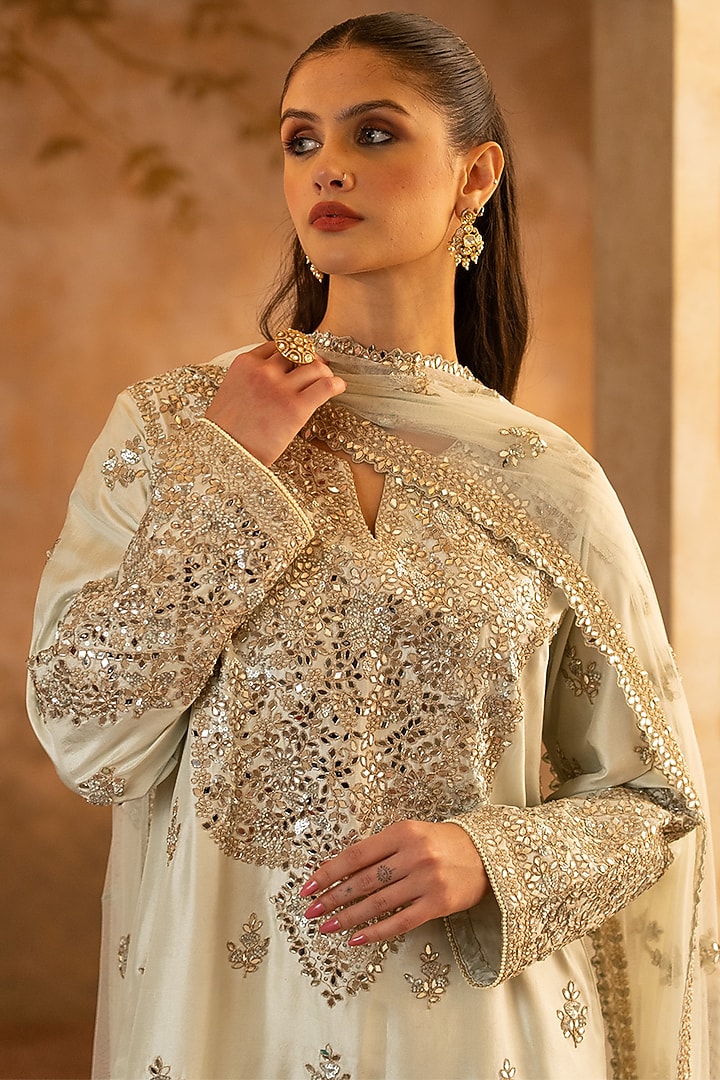 Pistachio Green Silk Embroidered Kurta Set by Angad Singh at Pernia's Pop Up Shop