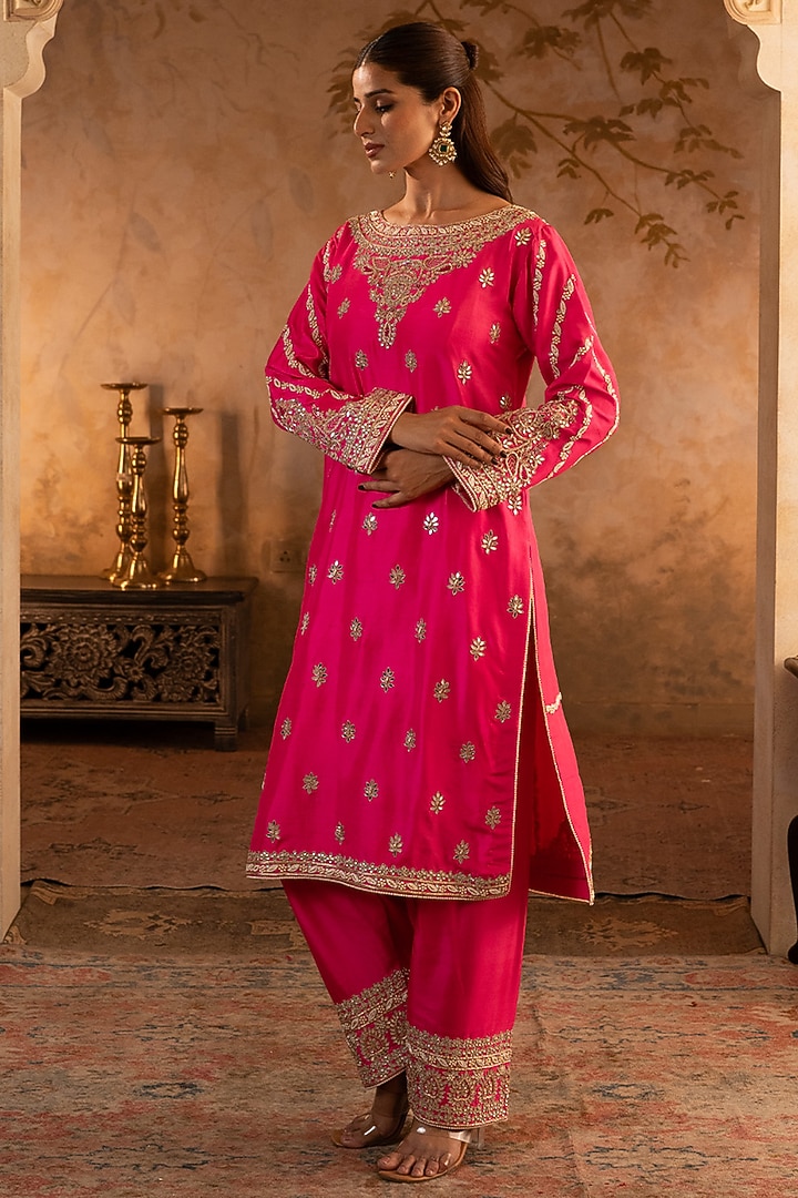 Fuchsia Pink Silk Embroidered Kurta Set by Angad Singh at Pernia's Pop Up Shop