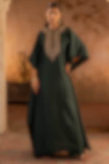 Bottle Green Silk Embroidered Kaftan Dress by Angad Singh at Pernia's Pop Up Shop