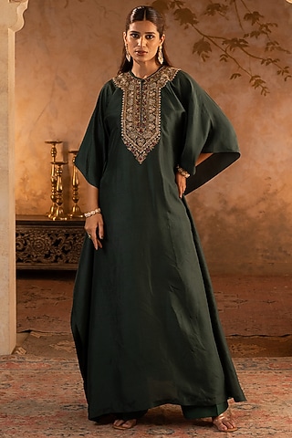Bottle Green Silk Embroidered Kaftan Dress by Angad Singh