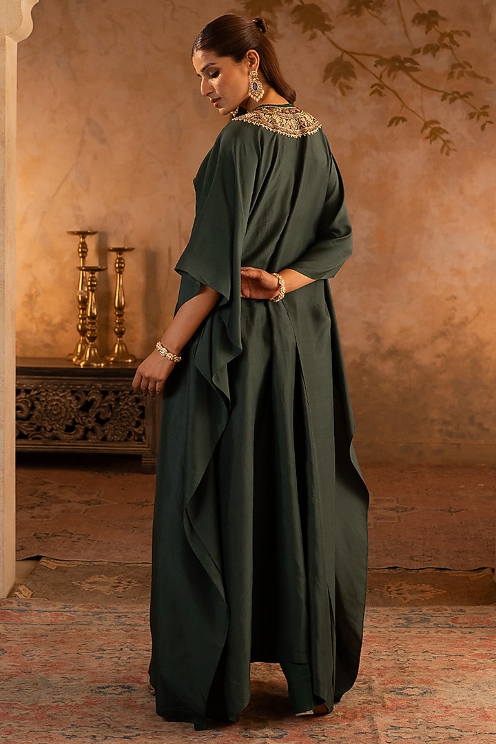 Bottle Green Silk Embroidered Kaftan Dress by Angad Singh at Pernia's Pop Up Shop