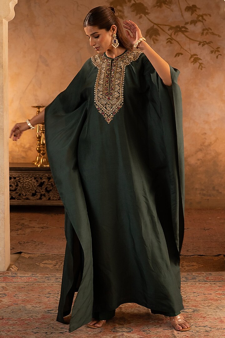 Bottle Green Silk Embroidered Kaftan Dress by Angad Singh at Pernia's Pop Up Shop