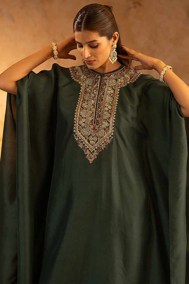 Bottle Green Silk Embroidered Kaftan Dress by Angad Singh at Pernia's Pop Up Shop