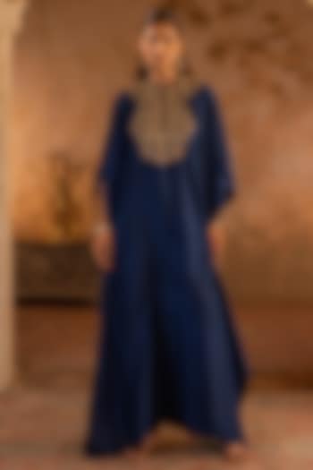 Navy Blue Silk Embroidered Kaftan Dress by Angad Singh at Pernia's Pop Up Shop