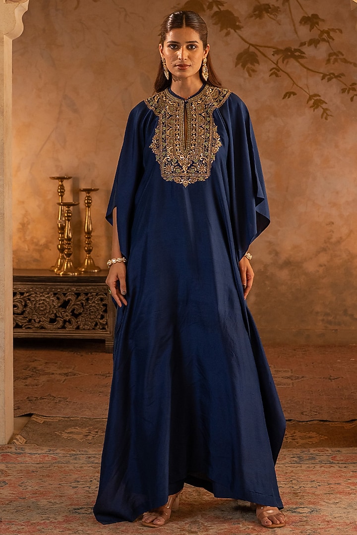 Navy Blue Silk Embroidered Kaftan Dress by Angad Singh at Pernia's Pop Up Shop