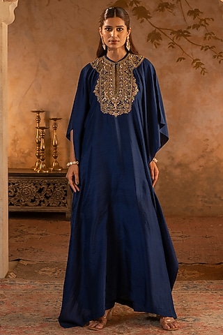 Navy Blue Silk Embroidered Kaftan Dress by Angad Singh