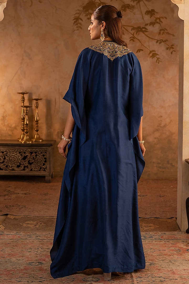 Navy Blue Silk Embroidered Kaftan Dress by Angad Singh at Pernia's Pop Up Shop