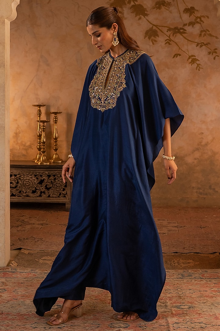 Navy Blue Silk Embroidered Kaftan Dress by Angad Singh at Pernia's Pop Up Shop