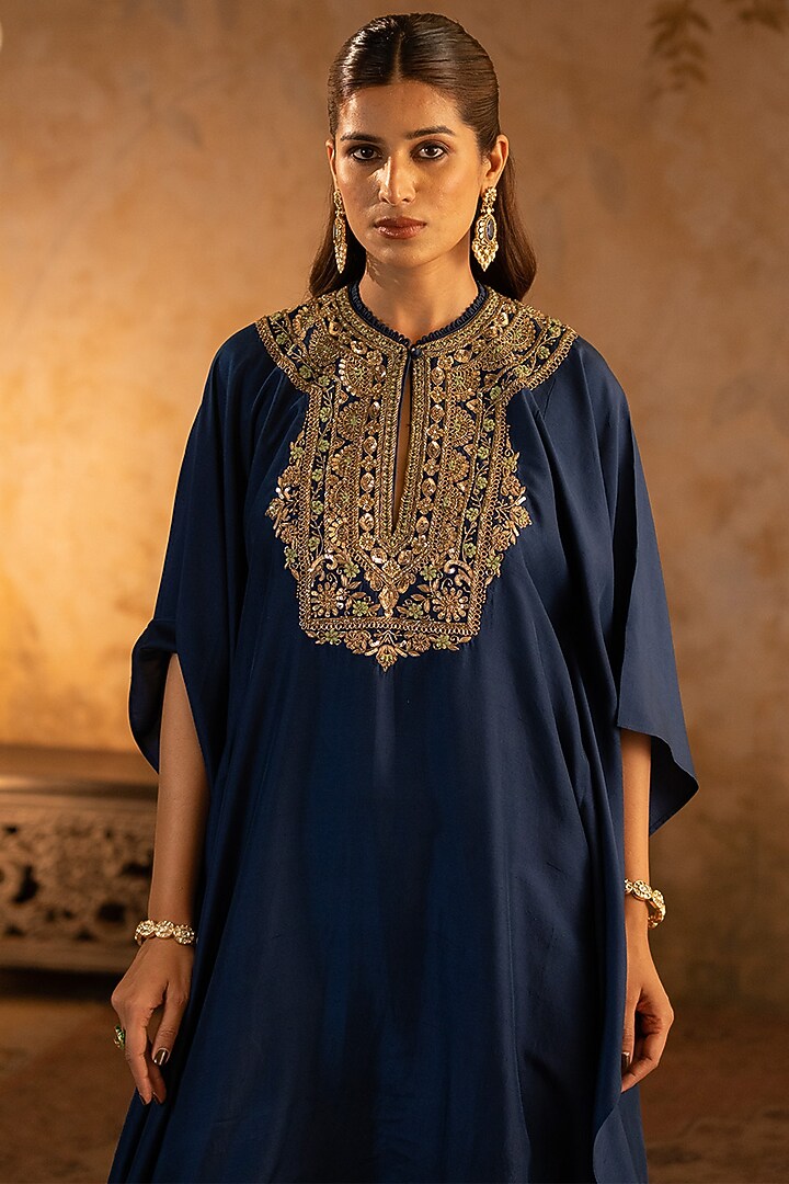 Navy Blue Silk Embroidered Kaftan Dress by Angad Singh at Pernia's Pop Up Shop