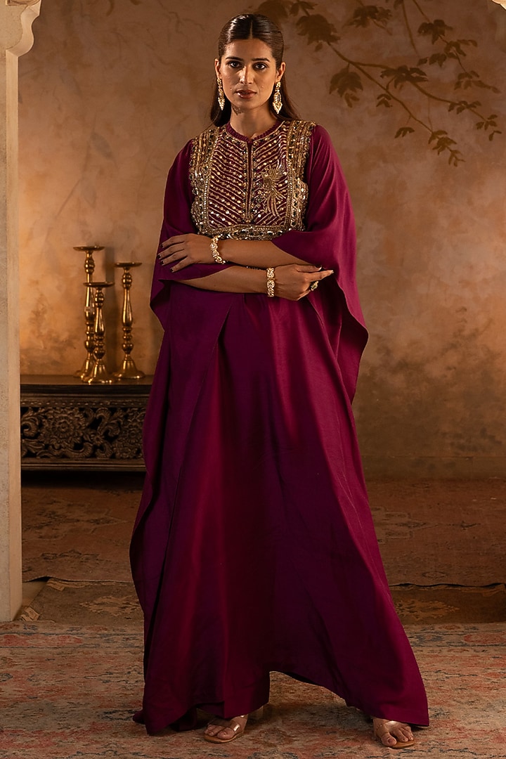 Crimson Red Silk Embroidered Kaftan Dress by Angad Singh at Pernia's Pop Up Shop