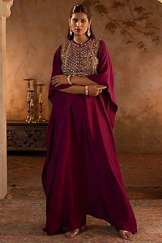 Crimson Red Silk Embroidered Kaftan Dress by Angad Singh