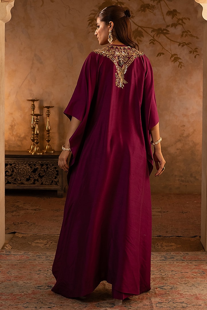 Crimson Red Silk Embroidered Kaftan Dress by Angad Singh at Pernia's Pop Up Shop