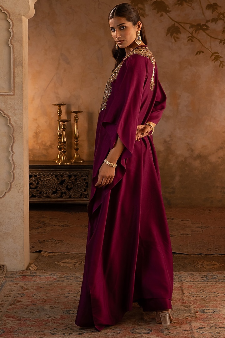 Crimson Red Silk Embroidered Kaftan Dress by Angad Singh at Pernia's Pop Up Shop
