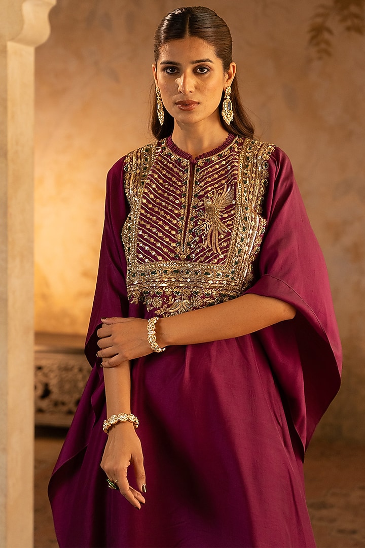 Crimson Red Silk Embroidered Kaftan Dress by Angad Singh at Pernia's Pop Up Shop