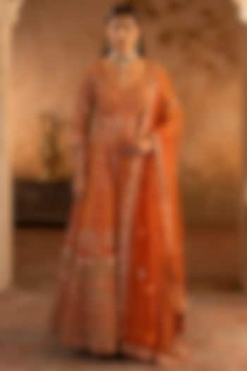 Rust Raw Silk Embroidered Sculpted Bridal Anarkali Set by Angad Singh at Pernia's Pop Up Shop