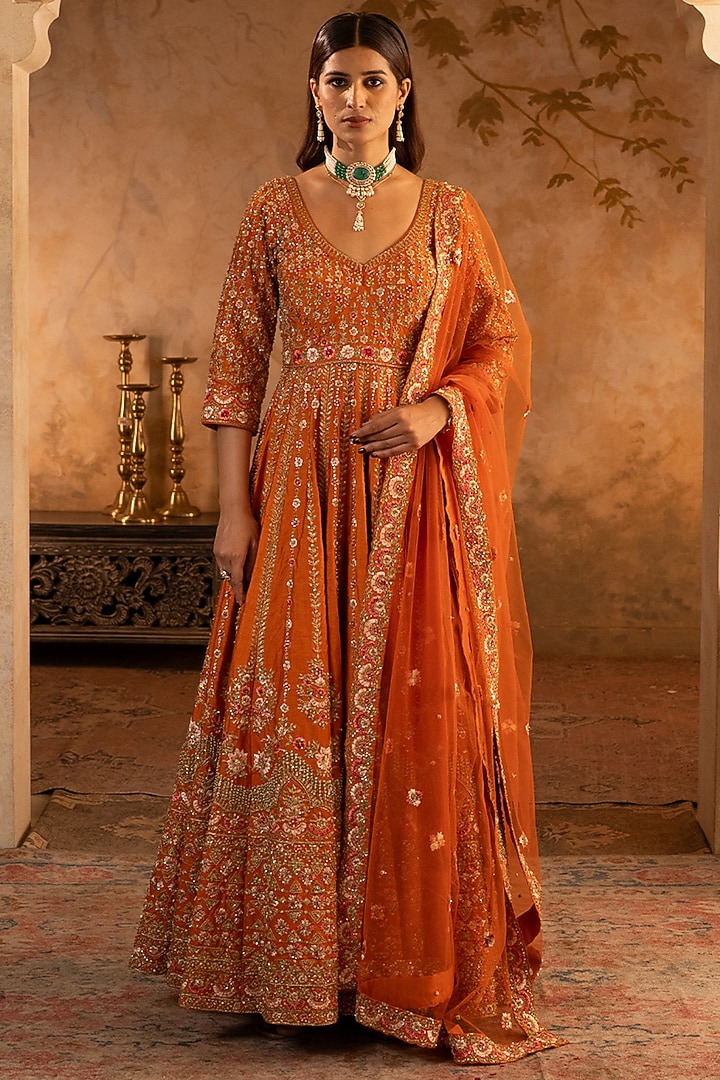Rust Raw Silk Embroidered Sculpted Bridal Anarkali Set by Angad Singh at Pernia's Pop Up Shop