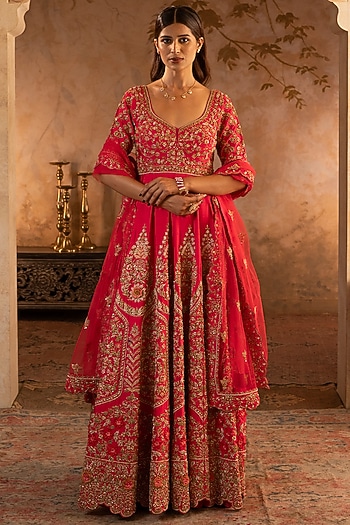 Red Raw Silk Embroidered Sculpted Bridal Anarkali Set by Angad Singh at Pernia's Pop Up Shop