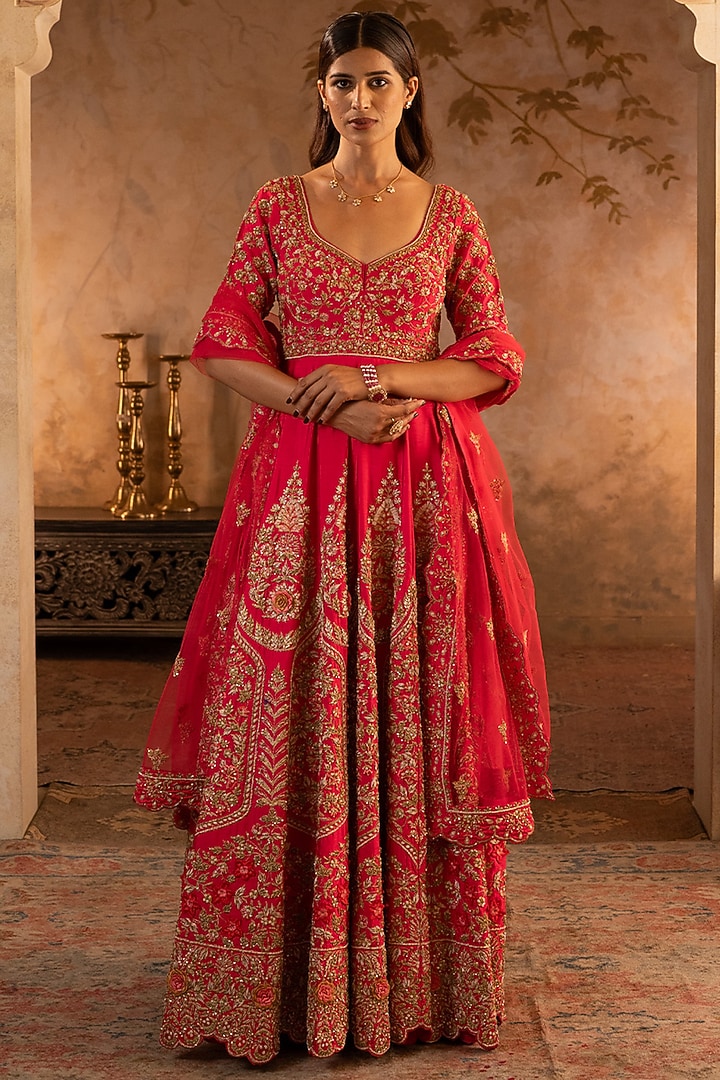Red Raw Silk Embroidered Sculpted Bridal Anarkali Set by Angad Singh at Pernia's Pop Up Shop