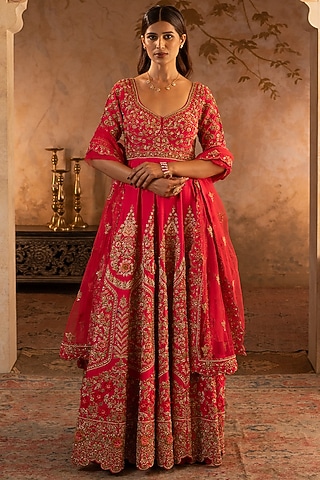 Red Raw Silk Embroidered Sculpted Anarkali Set by Angad Singh