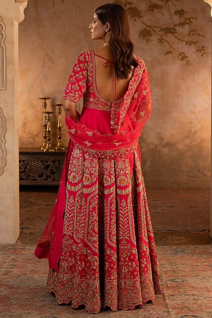 Red Raw Silk Embroidered Sculpted Bridal Anarkali Set by Angad Singh at Pernia's Pop Up Shop