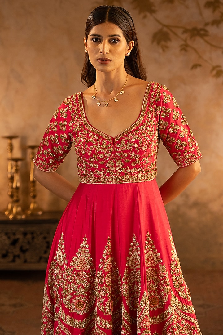 Red Raw Silk Embroidered Sculpted Bridal Anarkali Set by Angad Singh at Pernia's Pop Up Shop