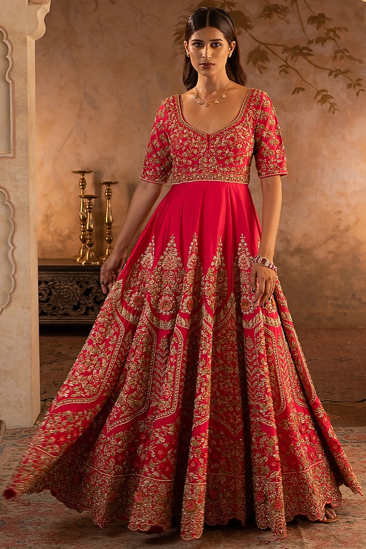 Red Raw Silk Embroidered Sculpted Bridal Anarkali Set by Angad Singh at Pernia's Pop Up Shop